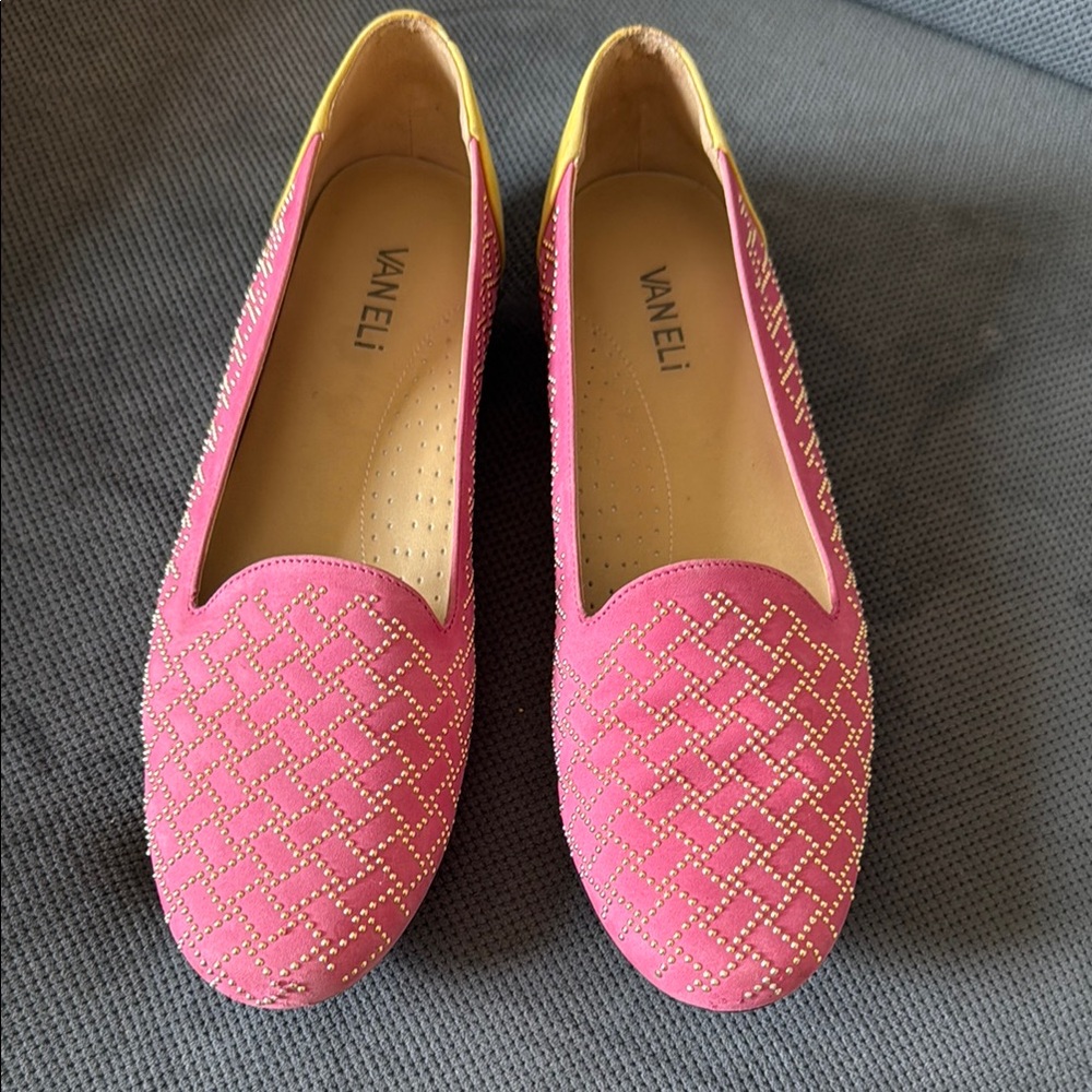 VanEli Pink Yellow Suede Studded Loafers Flats Size‎ 10N Colorblock Shoes